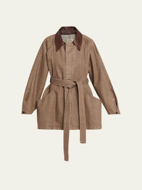 OSSOU Sweep Belted Denim Jacket with Leather Collar