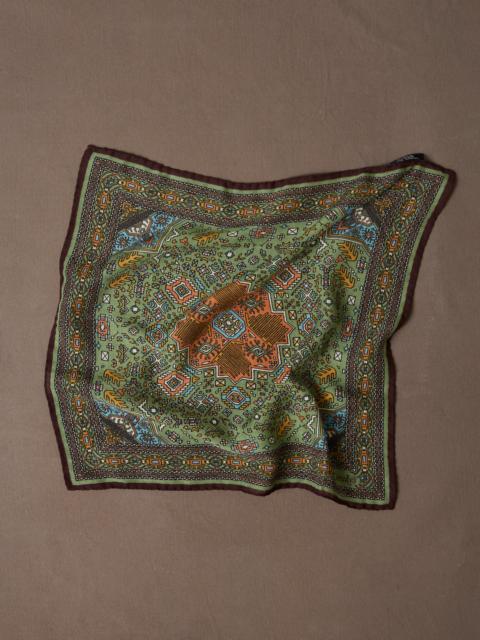 Drake's Olive and Burgundy Kelim Print Wool-Silk Pocket Square