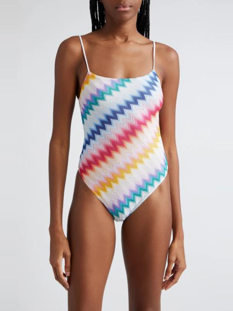 Metallic Chevron Stripe Knit One-Piece Swimsuit