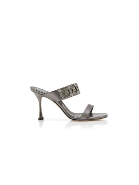 Manolo Blahnik Grey Nappa Leather Embellished Mules