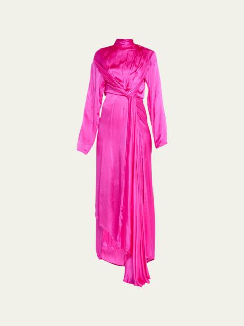 Front Drape BB Scarf-Neck Silk Dress, Pink