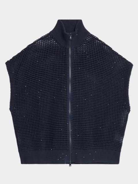 Brunello Cucinelli Cotton-Linen Mesh Short-Sleeve Zip Jacket