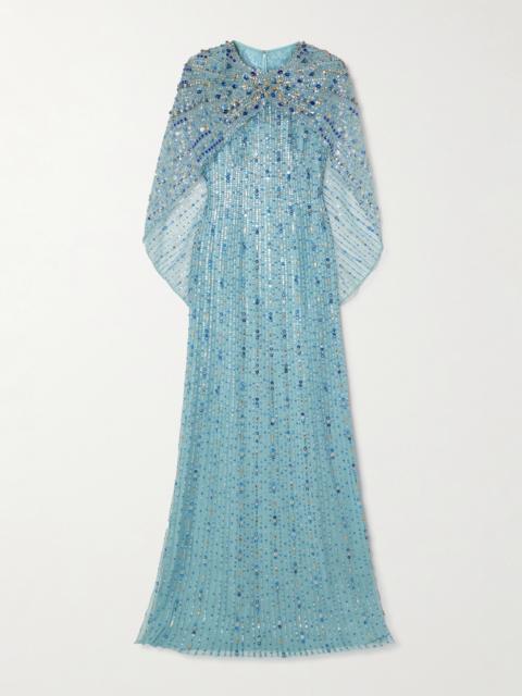 JENNY PACKHAM Cape-effect Ruched Crystal And Sequin-embellished Tulle Gown