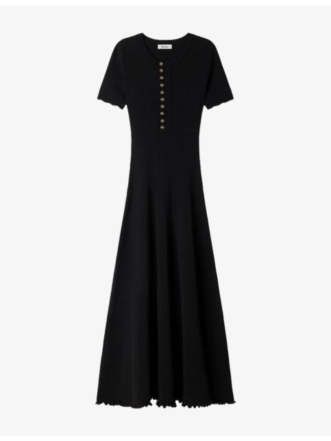 Sandro Round-Neck Ribbed-Knit Stretch-Woven Maxi Dress
