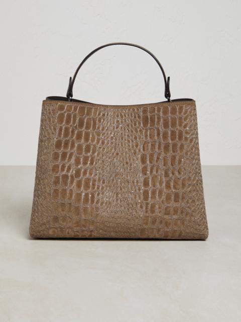 Crocodile embroidery shopper bag in suede with shiny handles