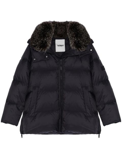 Yves Salomon A-line puffer jacket made from a water-resistant performance fabric with a fox fur collar