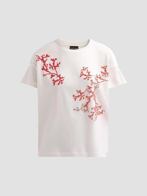 GIORGIO ARMANI Women's Embroidered Silk-Cotton T-Shirt - Solid White