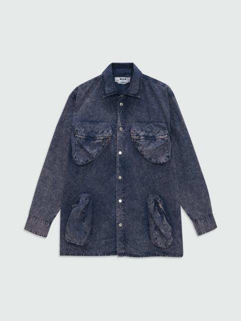 MSGM Navy blue cotton poplin shirt with marbled wash effect and three-dimensional zip chest pockets