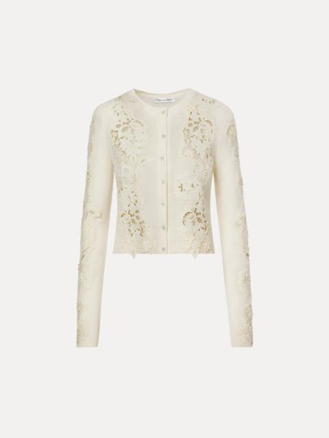 Oscar de la Renta PORCELAIN FLOWER GUIPURE INSERT CARDIGAN