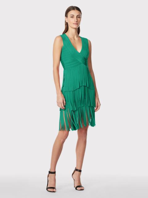 HERVE LEGER V NECK FRINGED MIDI DRESS