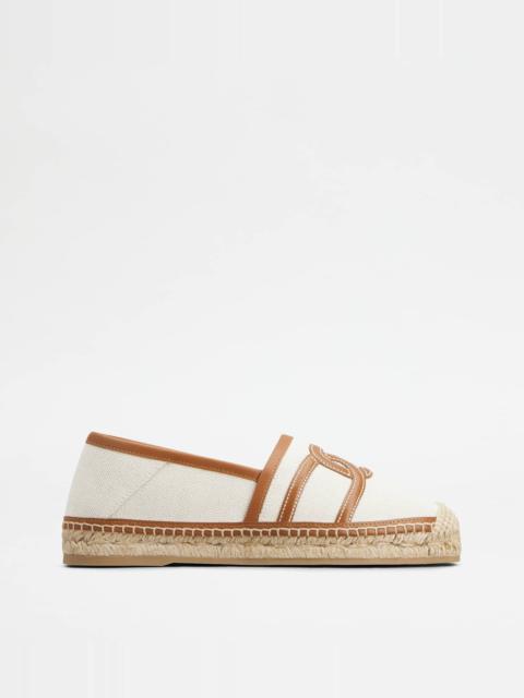 Tod's KATE SLIP-ONS IN CANVAS AND LEATHER - OFF WHITE, BROWN