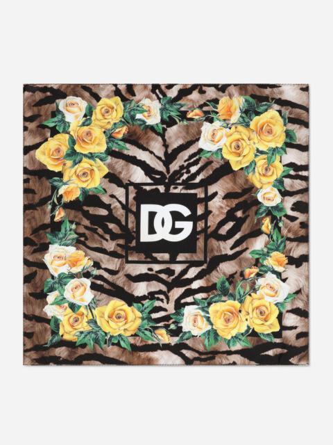 Silk bandanna with rose and tiger print