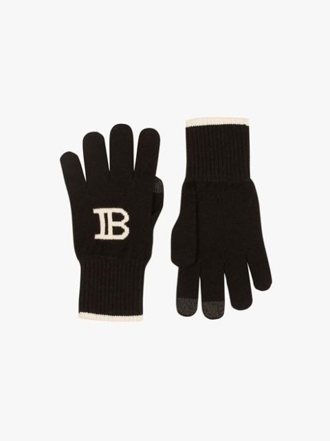 Balmain Black wool and cashmere touchscreen gloves with white Balmain logo