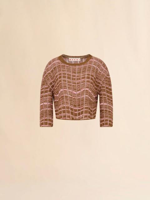 BROWN RIBBED LINEN SWEATER WITH WAVY PATTERN