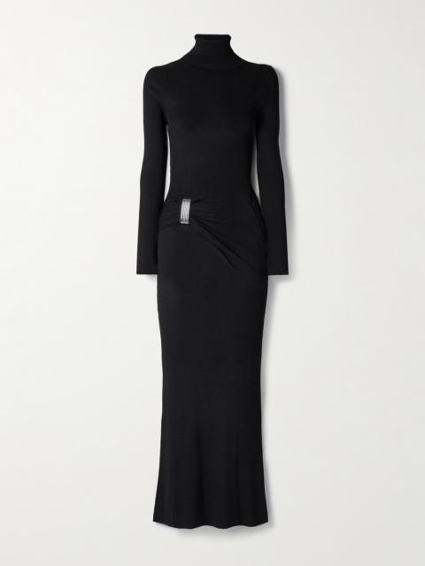 BRANDON MAXWELL The Lainey Embellished Gathered Ribbed-knit Maxi Dress
