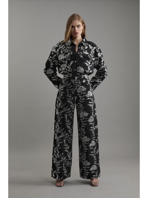 KAREN MILLEN Denim All Over Floral Sequin Wide Leg Trousers