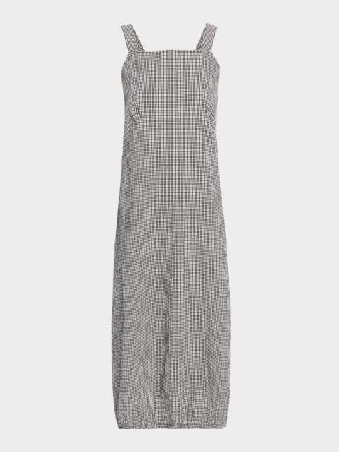 EILEEN FISHER Crinkled Organic Cotton Check Lantern Midi Dress