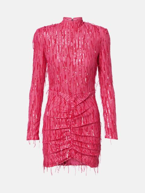 ROTATE Fringed ruched sequined mesh minidress