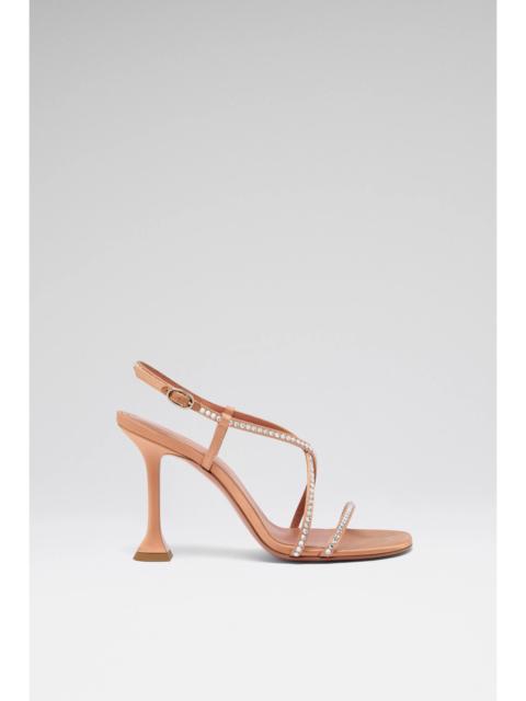 Amina Muaddi SALLY SANDAL 95 LATTE SATIN AND WHITE CRYSTALS