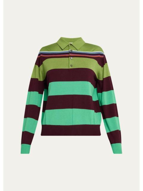 CHRISTOPHER JOHN ROGERS Big Striped Wool-Silk Long-Sleee Polo Sweater