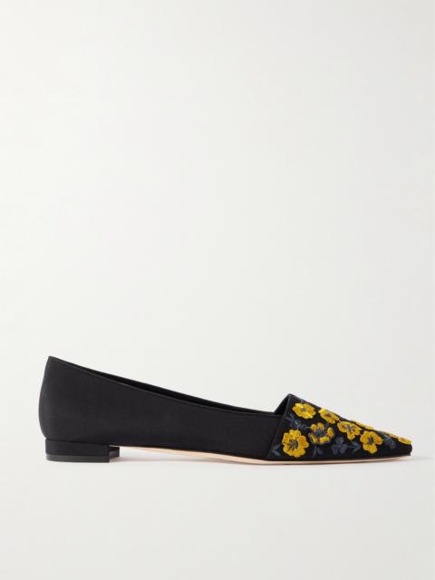 Manolo Blahnik Safiye Embroidered Crepe De Chine Point-toe Flats