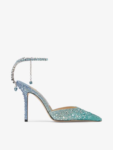 JIMMY CHOO Saeda 100 Peacock Satin Pumps with Crystal Embellishment