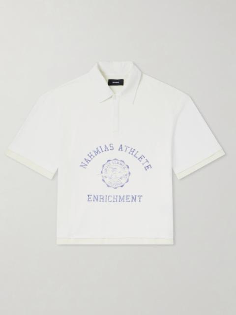 NAHMIAS Destroyed Logo-Print Pointelle-Knit Cotton Polo Shirt