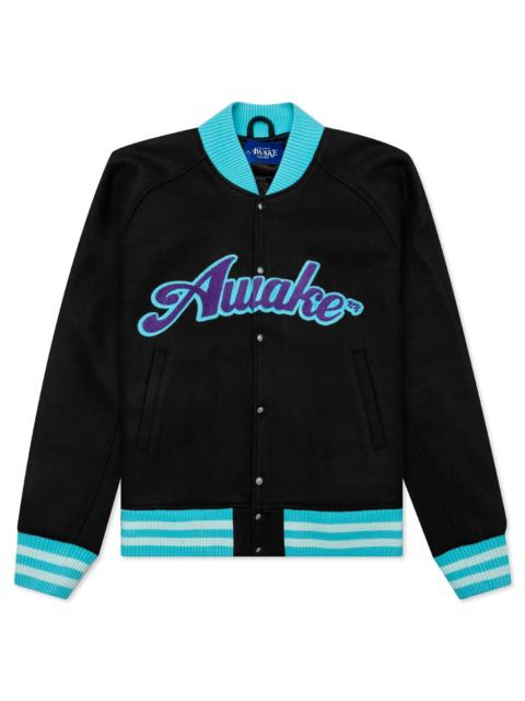AWAKE NY MELTON WOOL CHENILLE LOGO VARSITY JACKET - CHARCOAL