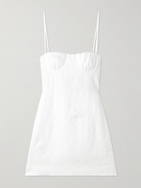 SIR. Alessandra Gathered Embroidered Linen Mini Dress