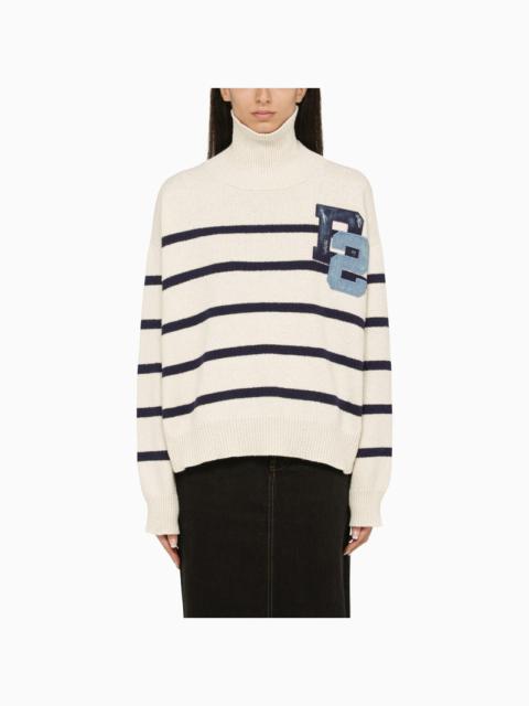 Blue/white striped turtleneck sweater with logo