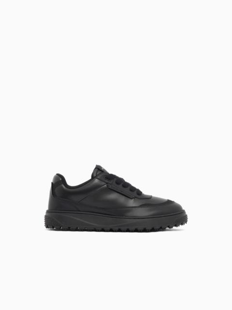 EMPORIO ARMANI SMOOTH LEATHER LACE-UP SNEAKERS WITH A TEXTURED RUBBER SOLE