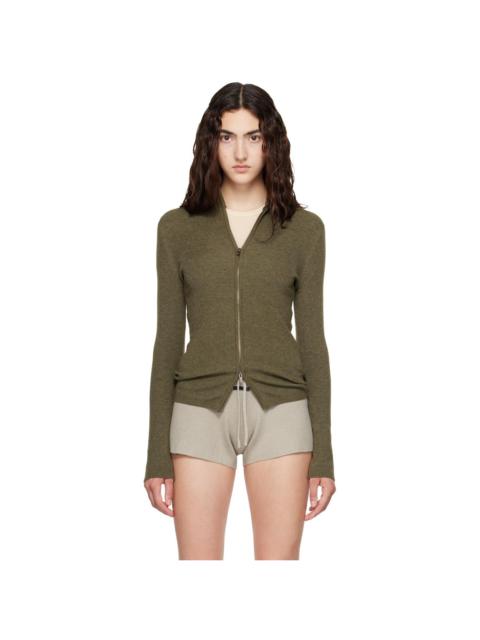 ESSENTIALS Khaki Rib Knit Zip Up Sweater