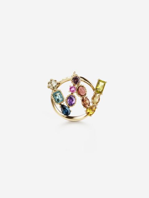 Dolce & Gabbana Rainbow alphabet W ring in yellow gold with multicolor fine gems