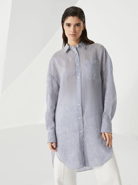 Brunello Cucinelli Striped linen and silk organza long shirt with shiny collar detail