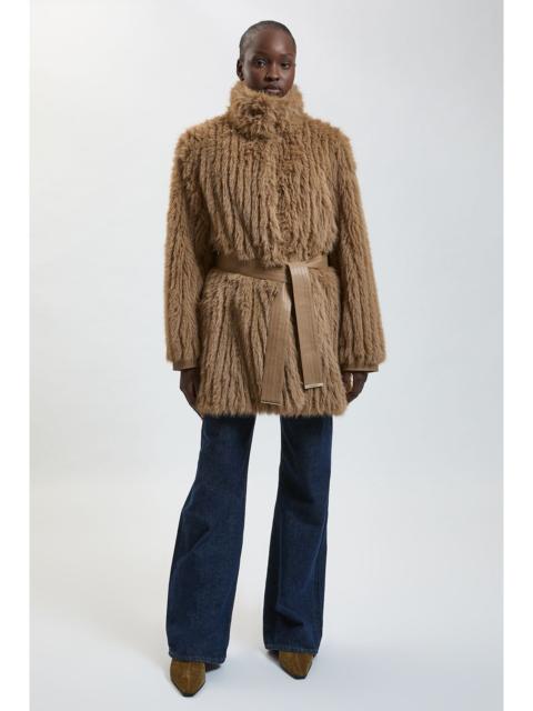 KAREN MILLEN Textured Faux Fur Belted Collar Short Coat