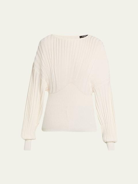 Balmain One-Shoulder Batwing Rib Sweater