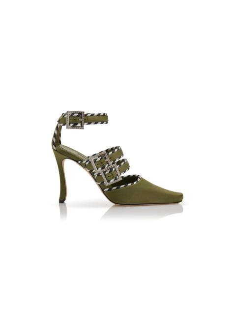 Manolo Blahnik Khaki Satin Crystal Buckle Ankle Strap Pumps
