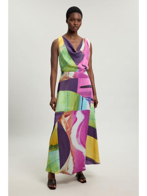 KAREN MILLEN Pink Abstract Twist Shoulder Satin Viscose Midi Dress