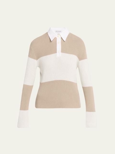 Brunello Cucinelli Shimmering Striped Cotton Rib Polo Sweater