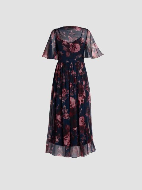 Erdem FLORAL SILK CREPONNE SHORT SLEEVE MIDI DRESS