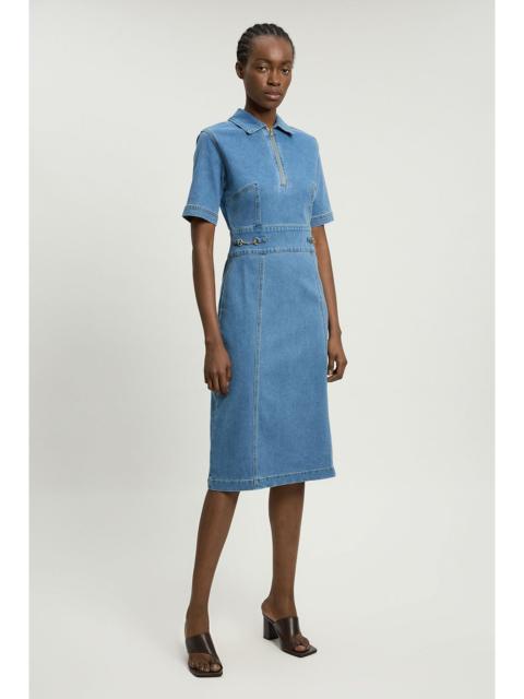 KAREN MILLEN Stretch Denim Snaffle Trim Collared Midi Dress