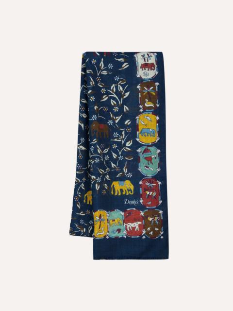 Drake's Navy Elephants and Flowers Print Wool-Silk Scarf