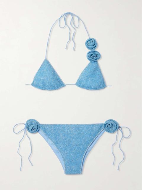 Oséree Lumière Rose appliquéd Lurex triangle bikini Light blue
