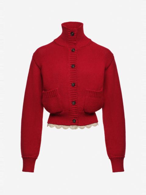 MAGDA BUTRYM Cinched wool cardigan with high collar and lace trim in red