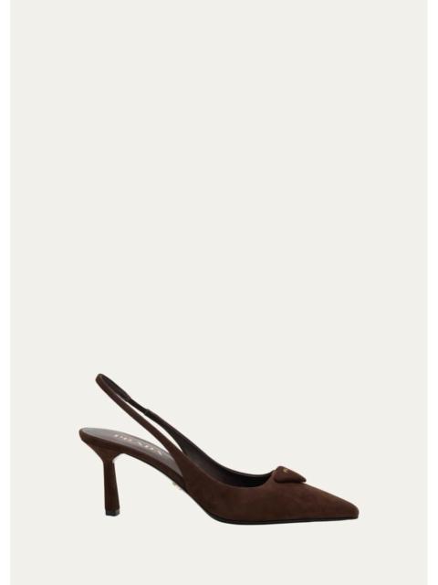 Prada 75mm Puffy Triangle Logo Suede Slingback Pumps