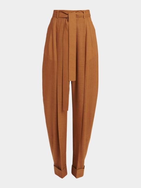 FERRAGAMO Pleated Wool Barrel-Leg Pants With Belt