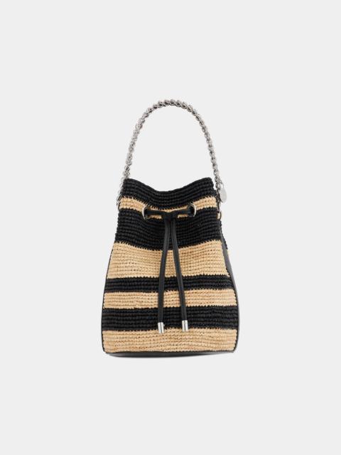 rabanne STRIPPED RAFFIA BUCKET BAG WITH 1969 DISCS DETAILS