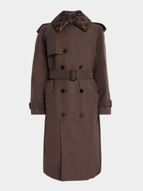 Burberry Men's Leather-Check Collar Silk and Cotton Trench Coat