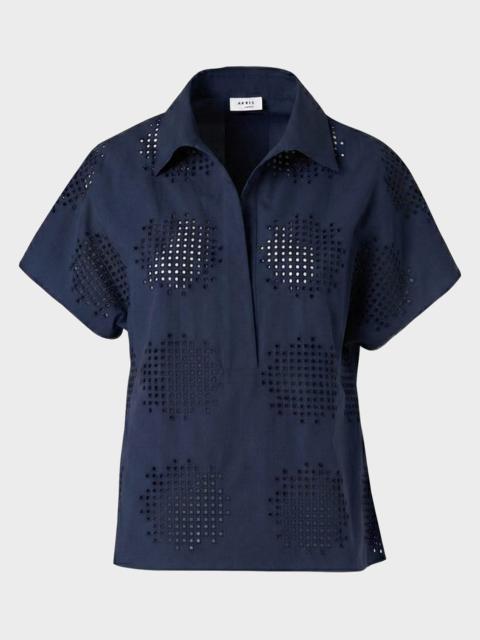 AKRIS Eyelet Cotton Poplin Cap-Sleeve Collared Blouse