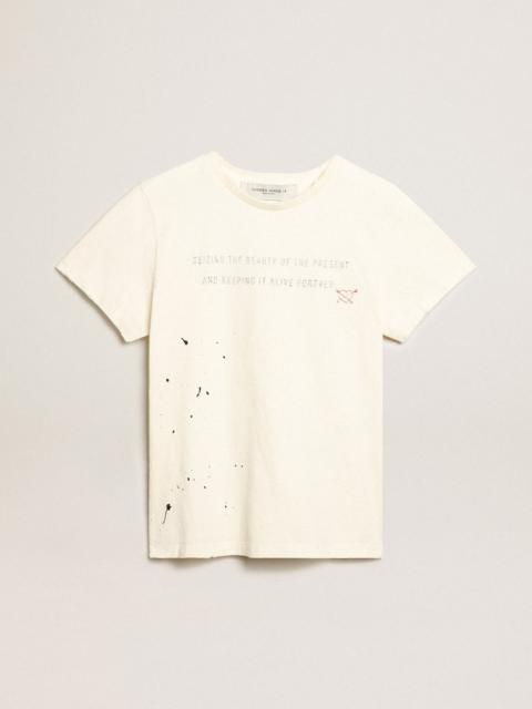 White T-shirt with lettering and embroidery